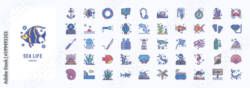 A collection sheet of linear color icons for Sea Life, including icons like Anchor, fish, Coral, Diving Helmet, Dolphin and more