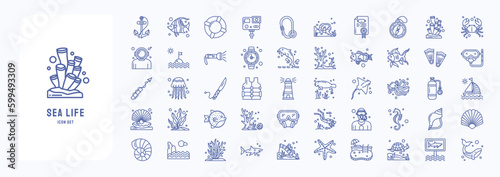 A collection sheet of outline icons for Sea Life, including icons like Anchor, fish, Coral, Diving Helmet, Dolphin and more