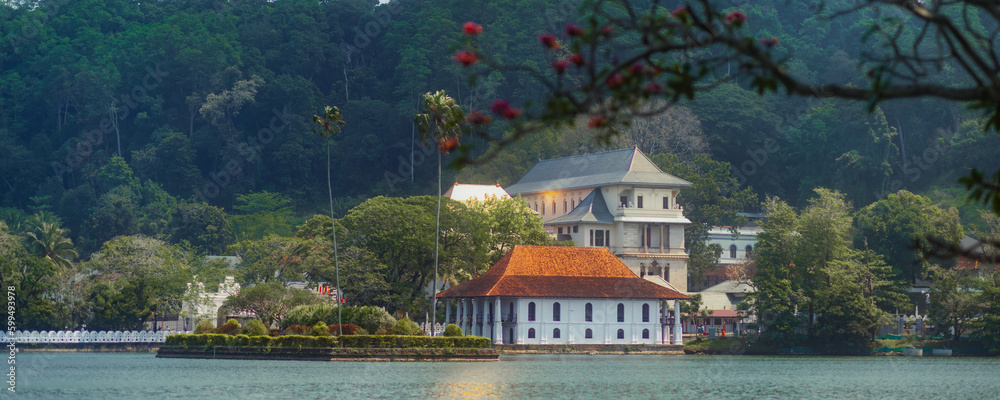 Panorama of Kandy Lake and Famous City Landmark Sri Dalada Maligawa