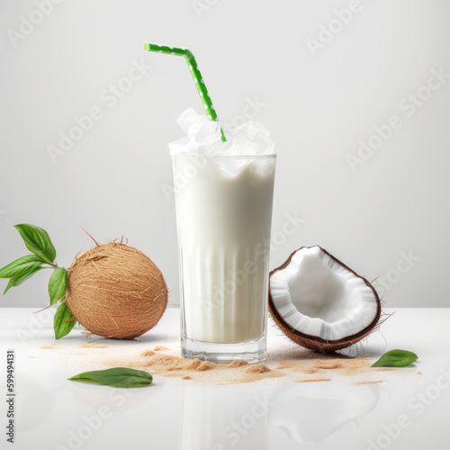 Coconut milk shake glass with fresh sliced coconut and straw. Generative AI