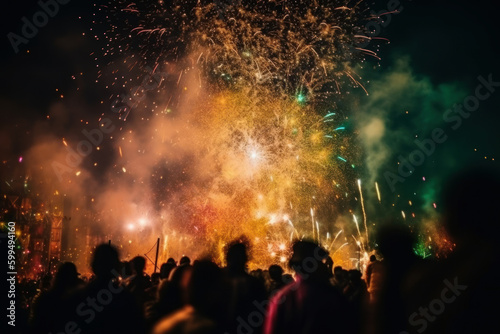 Celebrating people silhouette in front of colorful fireworks. New Year Eve party festival concept. Generative AI © pixelliebe
