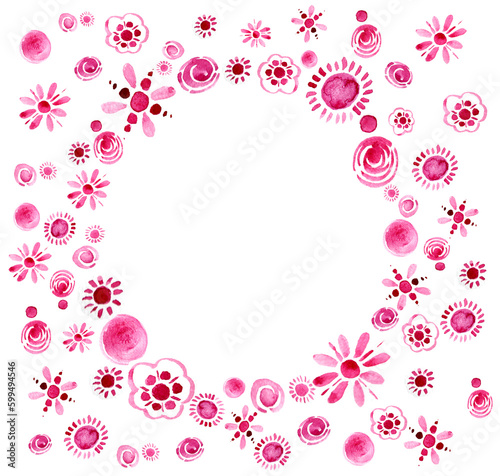 Round frame of pink flowers on a white background.