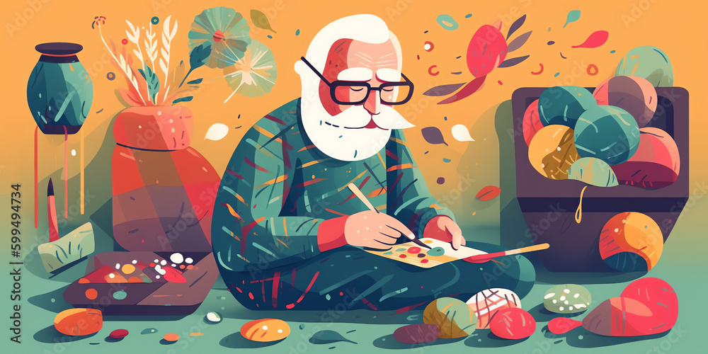 Senior citizen engaged in a hobby or craft like painting, knitting, or gardening. illustration is detailed and tactile, with a focus on the tools and materials used for the activity. Generative AI.