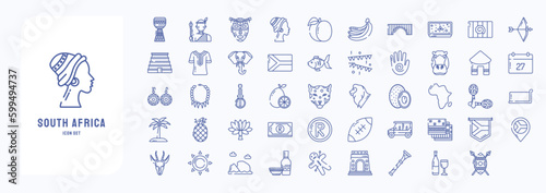 A collection sheet of outline icons for South Africa, including icons like African Man, African Woman, Elephant, Hippo and more