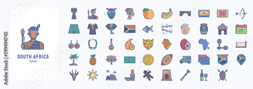 A collection sheet of linear color icons for South Africa, including icons like African Man, African Woman, Elephant, Hippo and more
