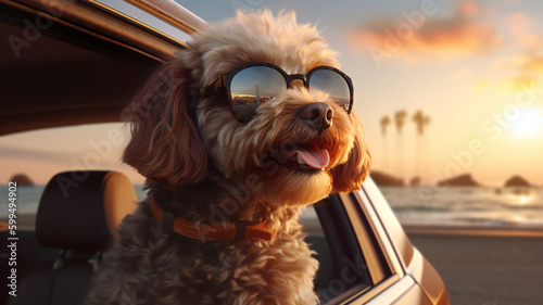 Dog enjoying from traveling by car. generative AI © EZPS
