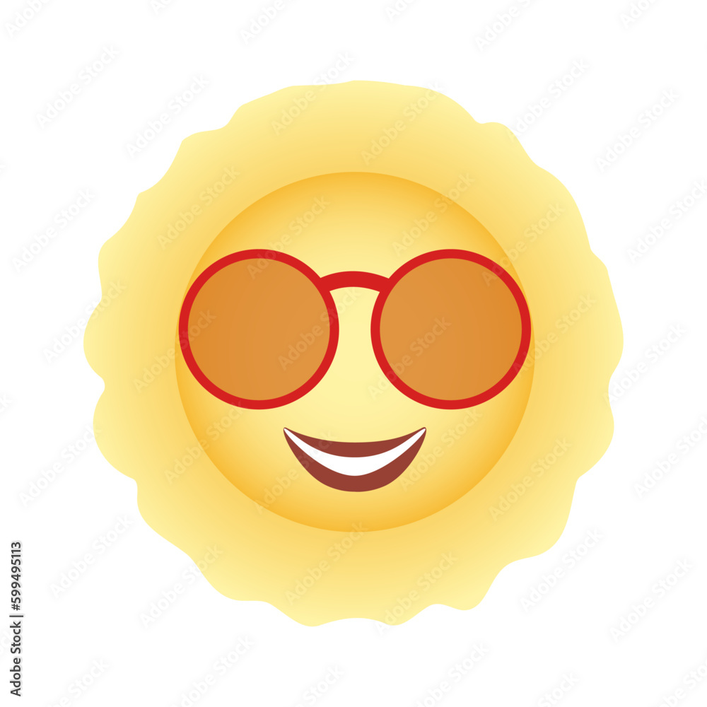 Round, yellow, smiling sun in round, brown glasses with a red rim, close-up, isolated, on a transparent and white background. Element for design decoration. Summer, vector illustration, image, graphic Round, yellow, smiling sun in round, brown glasses with a red rim, close-up, isolated, on a transparent and white background. Element for design decoration. Summer, vector illustration, image, graphic