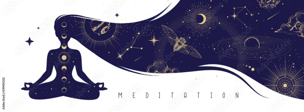 Silhouette of meditating woman with outer space inside long hair. Magic witchcraft astrology background. Vector illustration - obrazy, fototapety, plakaty 