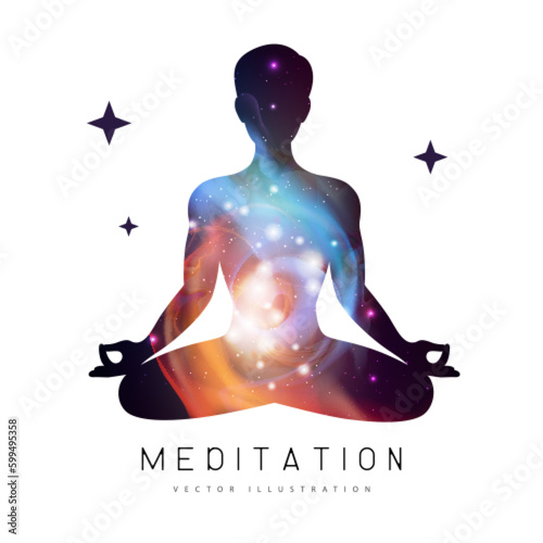 Silhouette of meditating man with outer space, universe and stars inside. Vector illustration