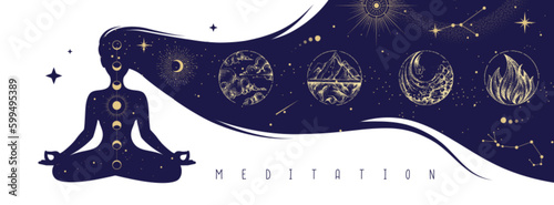 Silhouette of meditating woman with outer space and four elements inside long hair. Magic witchcraft astrology background. Vector illustration