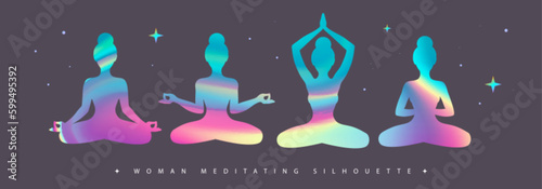 Set of holographic meditating woman silhouettes. Vector illustration