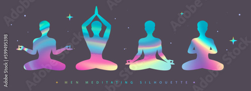 Set of holographic meditating men silhouettes. Vector illustration