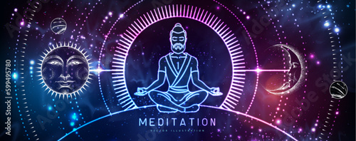 Neon Silhouette of meditating man. Sun and moon sign with human face on outer space background. Day and nignt. Vector illustration