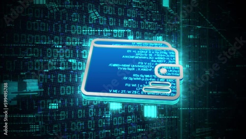 3D blue digital wallet or e-wallet glowing shining with blue binary code encryption data, Privacy security protection network encode decode online access concept
