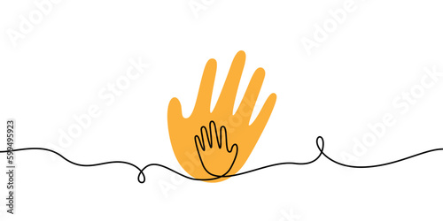 Child hand in parent hand one line illustration