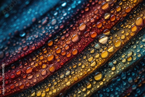 coloured Wool fabric with water and oil droplets under the microscope. macro photography. wallpapper, generative AI