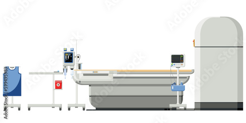 Medical equipment, CT Scan is computed tomography used to diagnose abnormalities of various organs in the body. Equipment Contrast media injectors, Lead Apron,monitor patient, equipment prep table.