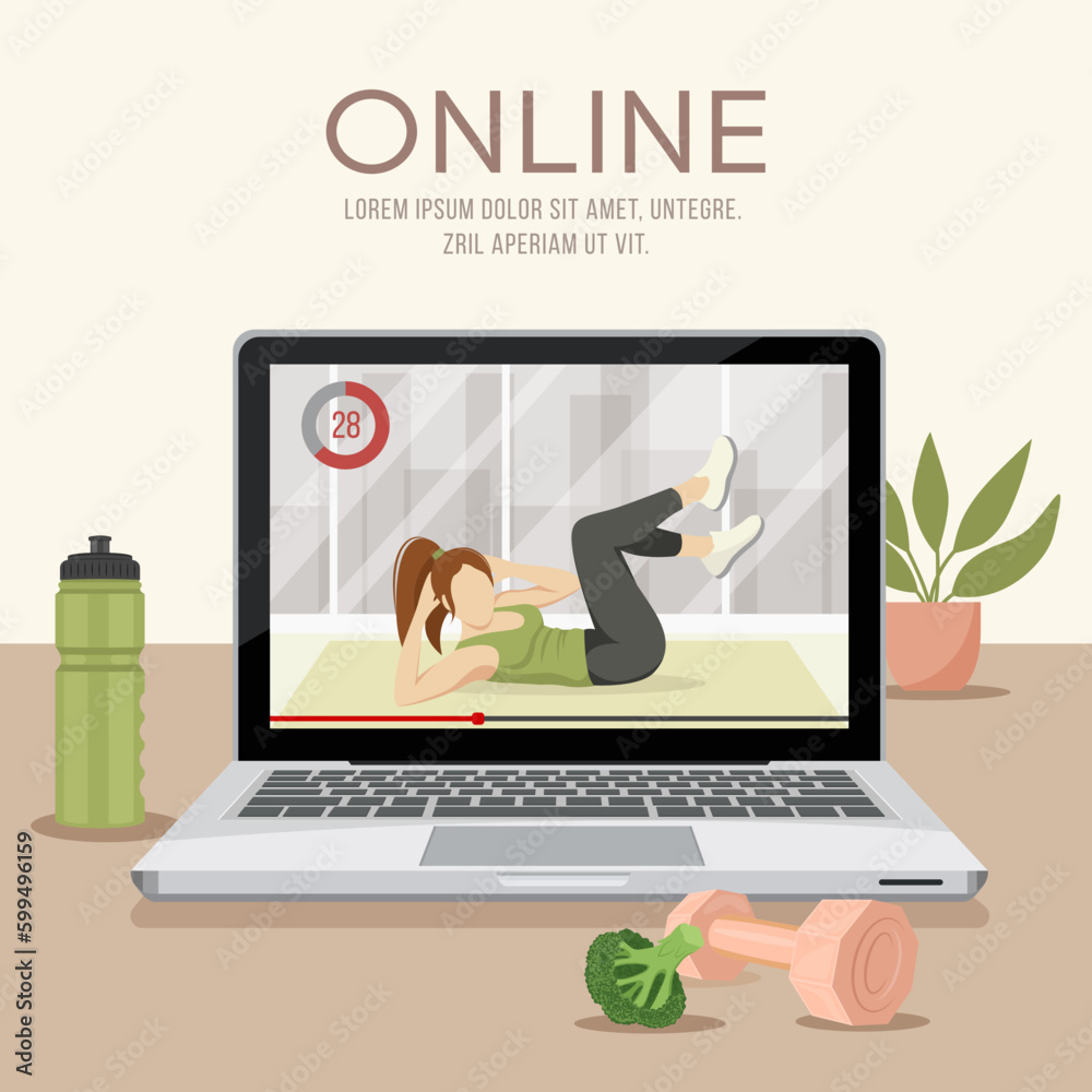 Vector illustration of a laptop screen with a video of a girl doing sports. Healthy lifestyle concept banner, online sport, wellness, sport, fitness concept. Vector illustration of a laptop screen with a video of a girl doing sports. Healthy lifestyle concept banner, online sport, wellness, sport, fitness concept.