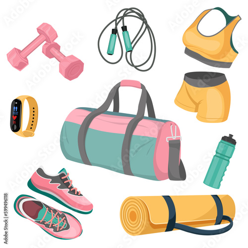 Set of sports equipment and sportswear. Vector illustration isolated on white background. Image for sports design, stickers, web design elements, cards, banners