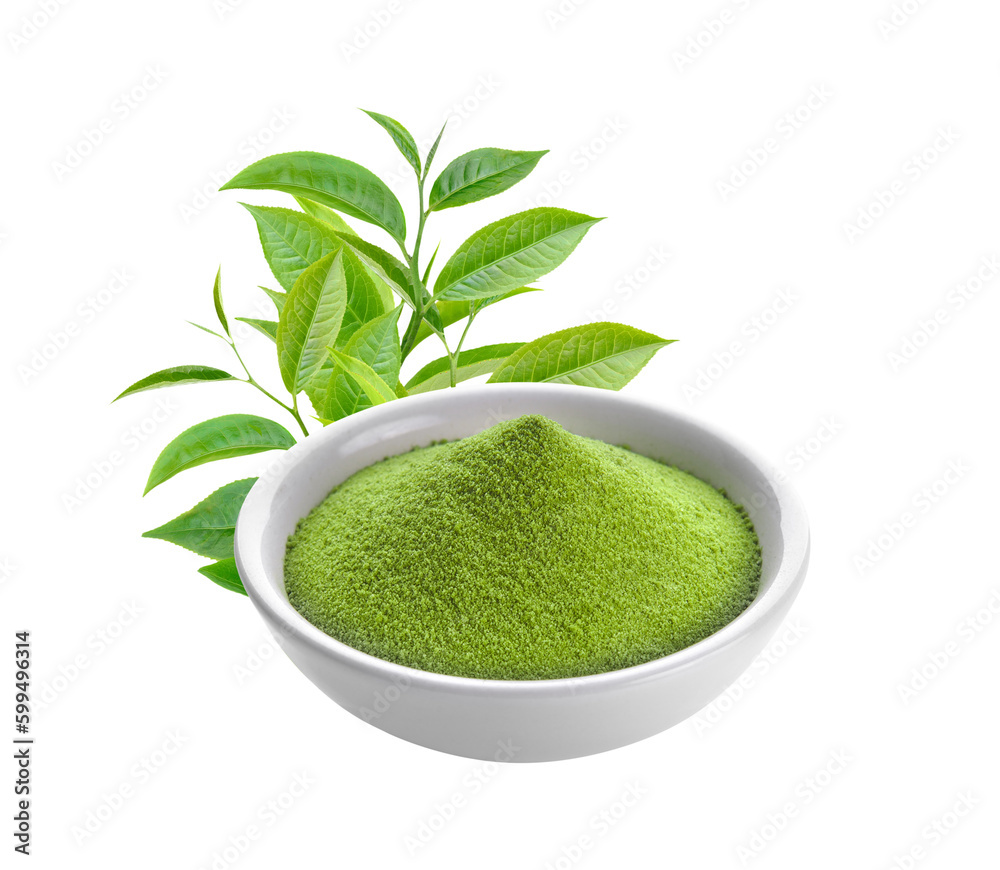 green tea powder in a bowl and leaf on transparent png - obrazy, fototapety, plakaty 