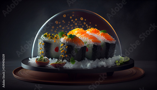 Sushi rolls salmon caviar set, abstract magical illustration. Generative AI