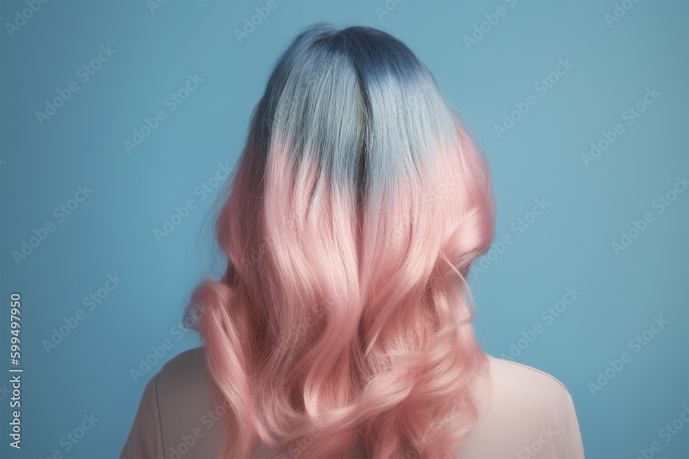 Fototapeta premium Gradient pastel blue and pink colored hair. Generative AI illustration