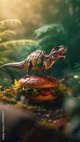 Dino Burger: Tilt-Shift Photo of a Playful Dinosaur Perched on Top of a Delicious Burger 1. Generative AI
