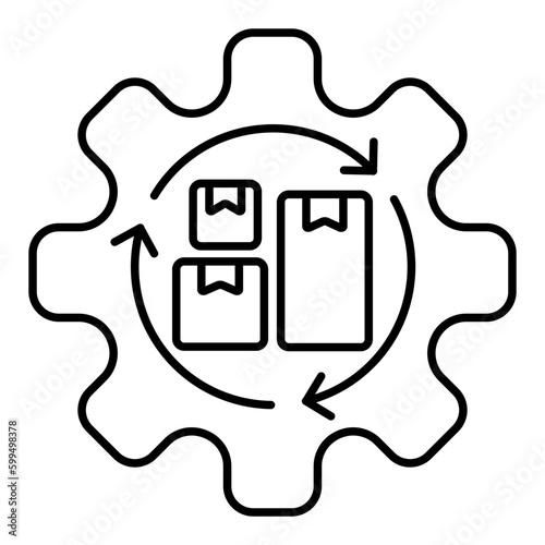 Packing boxes inside three cyclic arrows and gear. Simple outline vector icon of 3PL Logistics, order management technology, API for a delivery company, etc. Line thickness editable