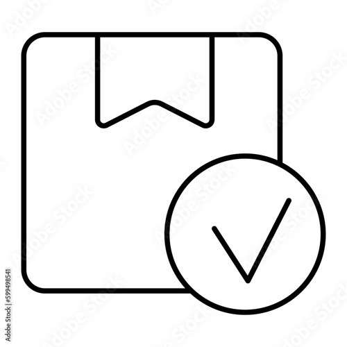 Carton box with a checkmark inside a circle. Simple outline vector icon of complete delivery, free shipping, package successfully delivered, etc. Pictogram with thin lines. Line thickness editable