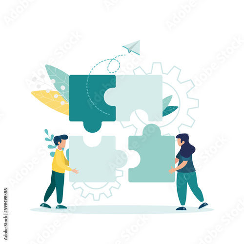 Business concept. Team metaphor. People connecting puzzle pieces. Vector illustration flat design style. Symbol of teamwork, cooperation, partnership vector.

