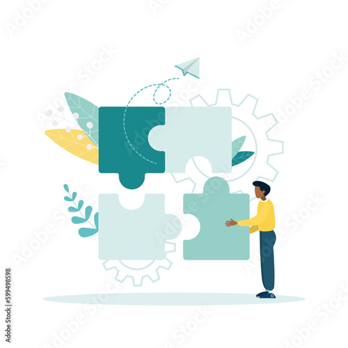 Business concept. Metaphor of a guy connecting puzzle pieces. Vector illustration flat design style. Business management is the right approach.
