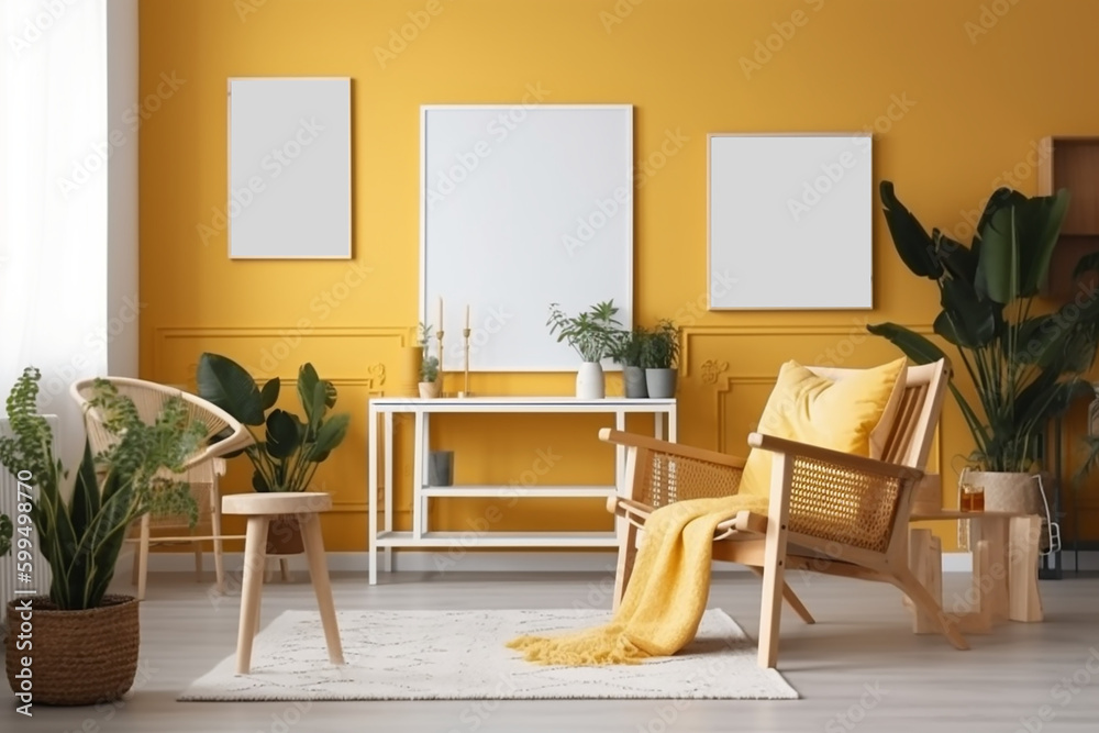 Sala de estar de color amarillo con luz natural, decorada con tres cuadros blancos en la pared y una butaca de madera con manta encima, plantas naturales decorando el salon, mockup de salon amarillo - obrazy, fototapety, plakaty 