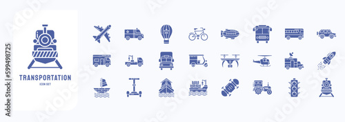 A collection sheet of solid icons for Transportation, including icons like Vehicle, Ship, car and more