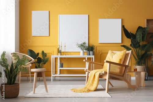 Sala de estar de color amarillo con luz natural, decorada con tres cuadros blancos en la pared y una butaca de madera con manta encima, plantas naturales decorando el salon, mockup de salon amarillo