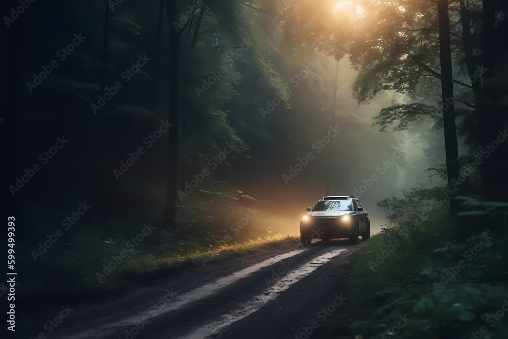 Eco car on forest road with earth planet going through forest, Ecosystem ecology healthy environment road trip travel, Eco car with nature, generative AI