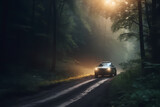 Eco car on forest road with earth planet going through forest, Ecosystem ecology healthy environment road trip travel, Eco car with nature, generative AI