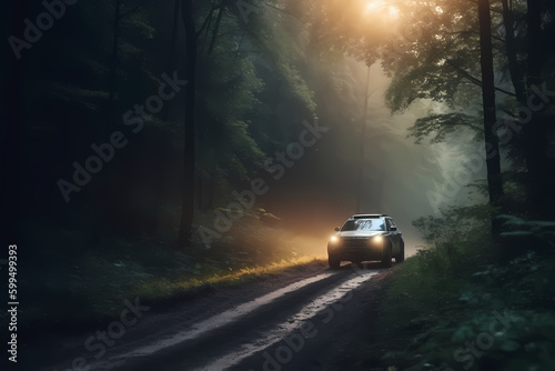 Eco car on forest road with earth planet going through forest, Ecosystem ecology healthy environment road trip travel, Eco car with nature, generative AI © HejPrint
