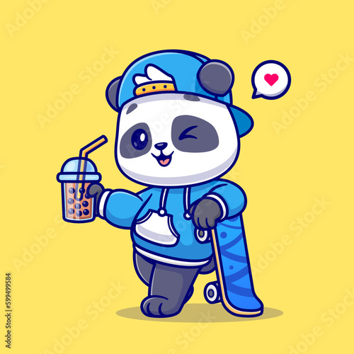 Cute Panda Drink Boba Milk Tea With Skateboard Cartoon Vector Icon Illustration. Animal Drink Icon Concept Isolated Premium Vector. Flat Cartoon Style
