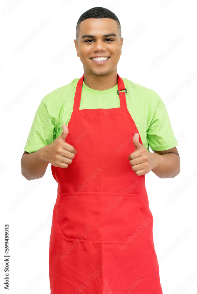 Happy mexican clerk with red apron isolated on white background for cut out Happy mexican clerk with red apron isolated on white background for cut out