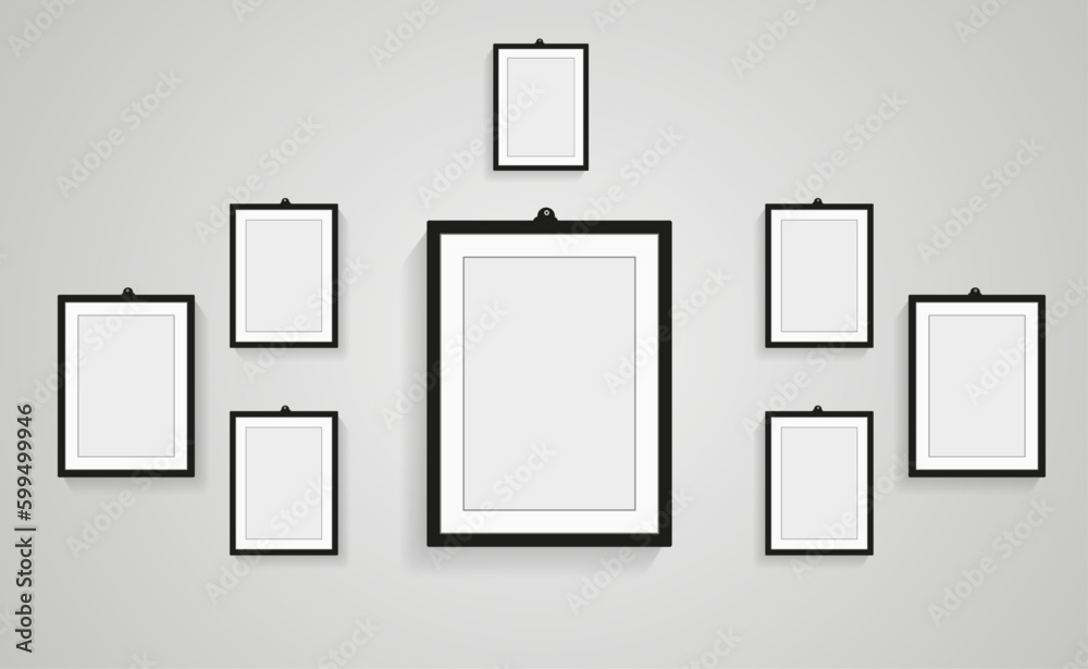 Groups of Realistic blank black picture frames with shadow collection isolated on the white wall, Set of modern poster frames mockup. Empty photo frame for art gallery or interior Groups of Realistic blank black picture frames with shadow collection isolated on the white wall, Set of modern poster frames mockup. Empty photo frame for art gallery or interior