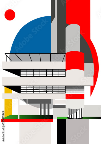 Vector de casa estilo bauhaus para pared, retro poster bauhaus con edificio geométrico, portada libro bauhaus, ilustración bauhaus