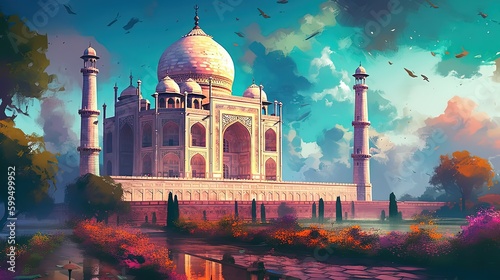 illustration of dome masjid with beautiful nature landscape, Generative Ai photo