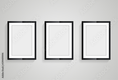 Three set of frame on white wall mock up design, three realistic frames vector for Interior Black Blank, and Wooden Poster Picture Frames Hanging on the wall