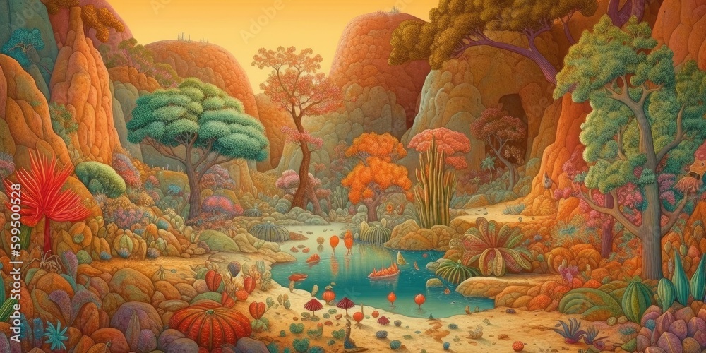 Illustrate a whimsical desert oasis teeming with life, color palette of warm oranges
