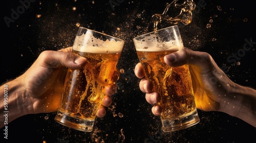 two hands holding beer mugs and toasting, with splashes of liquid 