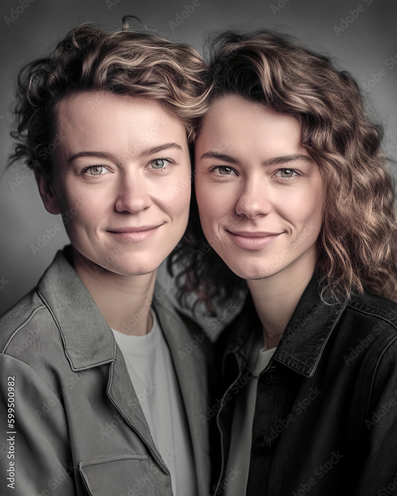 Two happy looking lesbian women stand cheek to cheek, made with generative ai Two happy looking lesbian women stand cheek to cheek, made with generative ai