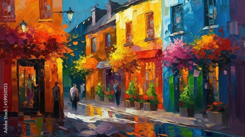 illustration of beautiful narrow city alley with colorful building has flower pot decorated, Generative Ai © QuietWord