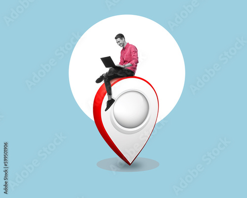 A man with laptope sitting working on a navigation sign. Mobile working concept. Art collage. photo