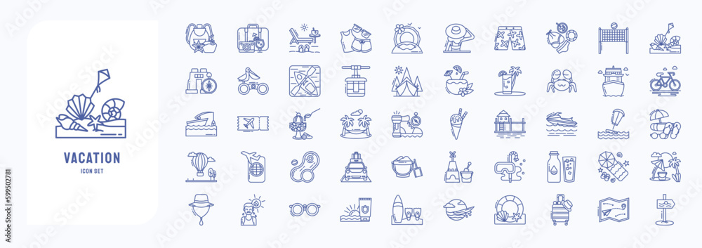 Fototapeta premium A collection sheet of outline icons for Vacation and Travel, including icons like backpack, Trip, holiday, vacation and more