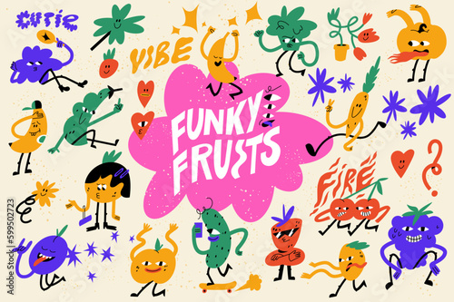 Fototapeta Naklejka Na Ścianę i Meble -  Vector illustration set of fruits characters ?n retro style. Groovy colorful stickers for print